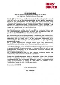 KUNDMACHUNG über die Einreichung der Wahlvorschläge für die Wahl der Mitglieder des Stadtteilausschusses Igls