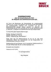 KUNDMACHUNG über die Ausschreibung der Wahl der Mitglieder des Stadtteilausschusses Igls
